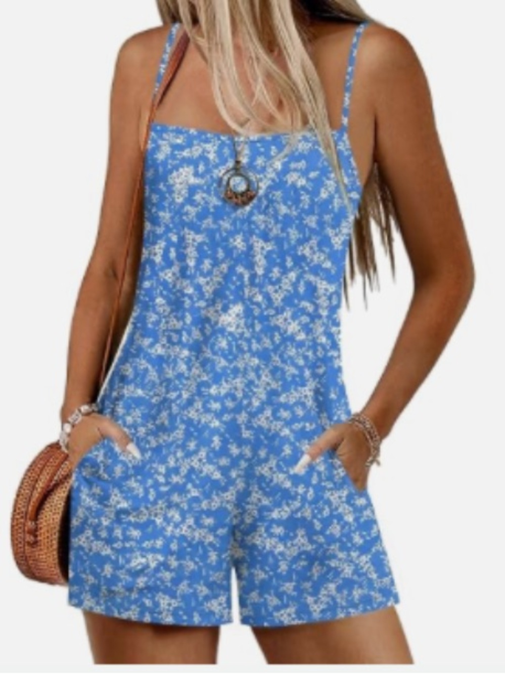Blue Floral Cotton Overall Shorts Romper- small